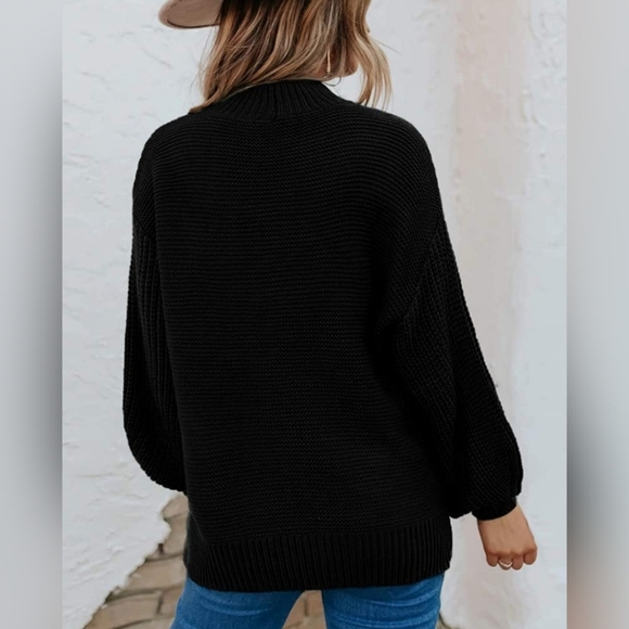 BLACK Mock Neck Fall Sweaters Trendy Balloon Sleeve Slouchy Knit Pullover Jumper - Picture 3 of 4